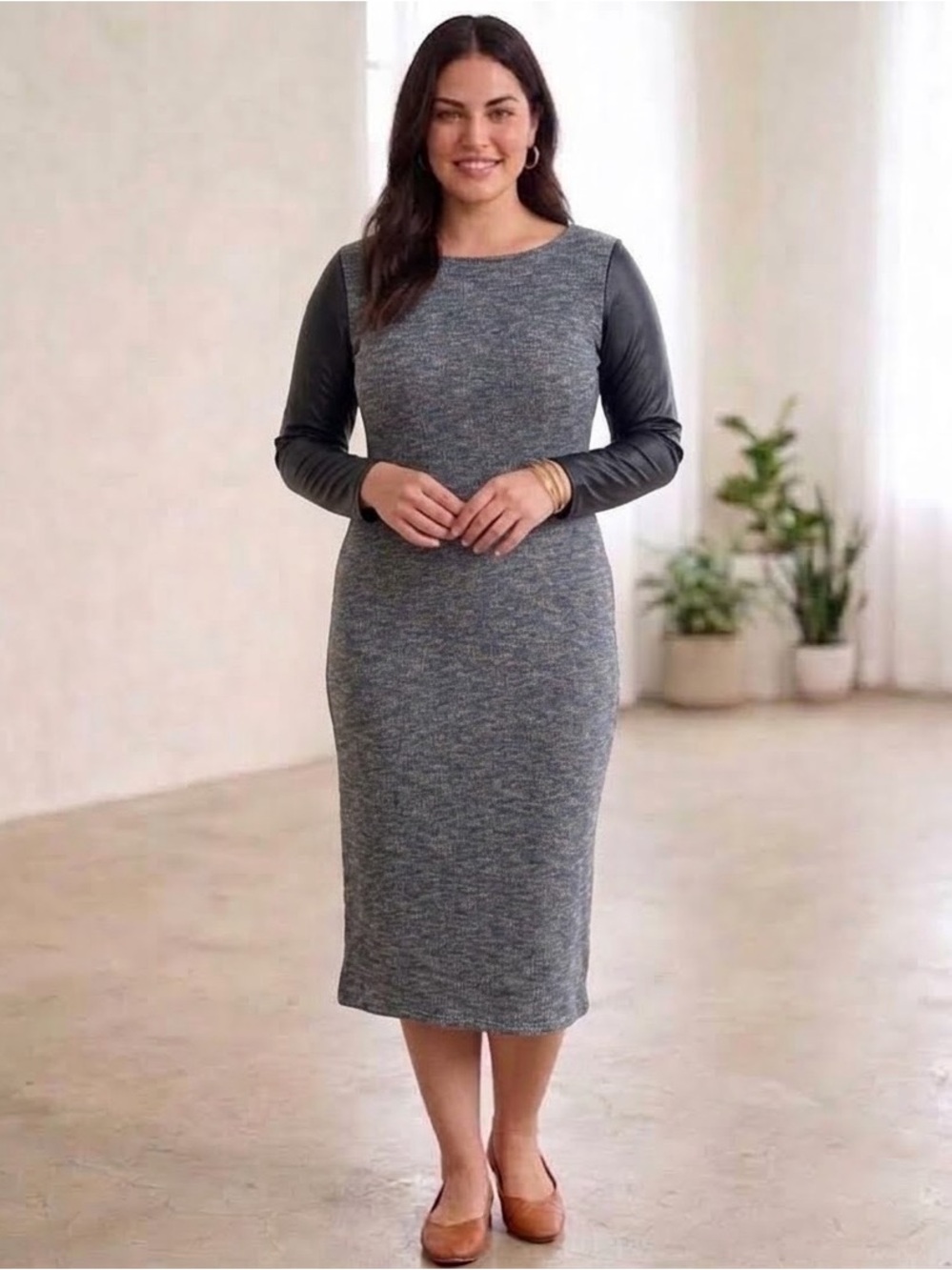 Soprano Gray Knit Midi Dress with Black Faux-Leather Sleeves